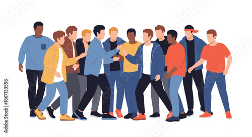 Large group of diverse men standing together in various casual outfits, representing community, friendship, and social interaction.