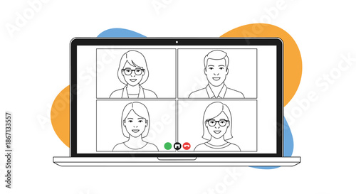 Laptop screen showing a video conference call with four diverse participants, representing remote work, online meetings, or education.