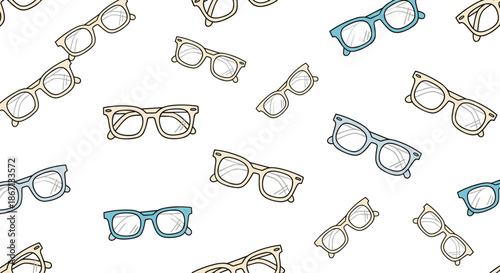 Seamless pattern featuring various styles and colors of eyeglasses on a clean white background for optics or fashion design.