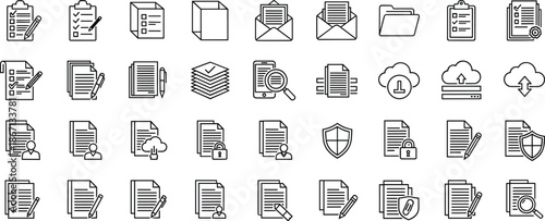 Document, file, data, security, cloud, management, icons, digital, protection, storage, synchronization, mobile, checklist, folder, envelope, shield, padlock, user, interface, minimal