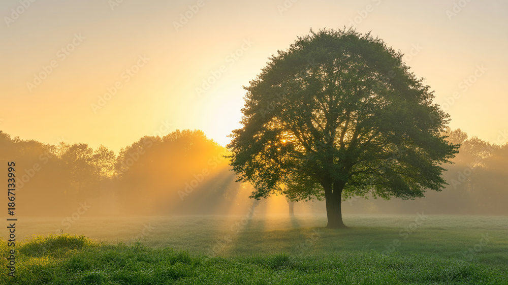 Naklejka premium Sunrise over serene meadow