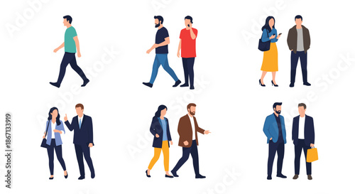 Set of diverse people in pairs and individually walking and talking together in a modern flat vector illustration style.