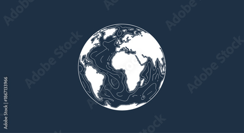 Stylized map of the earth continents drawn with clean white outlines on a solid dark blue background for a global theme.