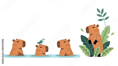 Cute illustration of capybaras swimming in water and standing among tropical leaves with a little bird resting on one's head.