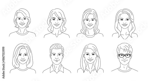 Collection of eight diverse male and female portrait sketches with different hairstyles in a simple line art style.