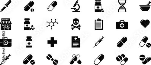 Medical icons, healthcare symbols, pharmaceutical graphics, medicine illustration, hospital tools, clinical equipment, drug elements, science icons, pharmacy visuals, health design