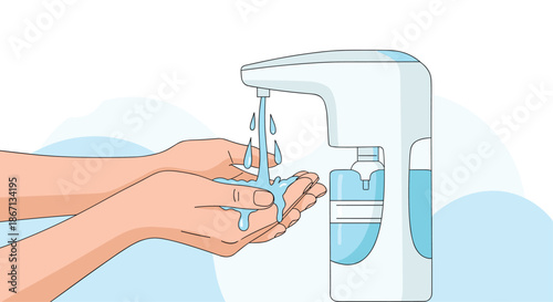 Close-up illustration of hands being washed under an automatic touchless water and soap dispenser for good hygiene.