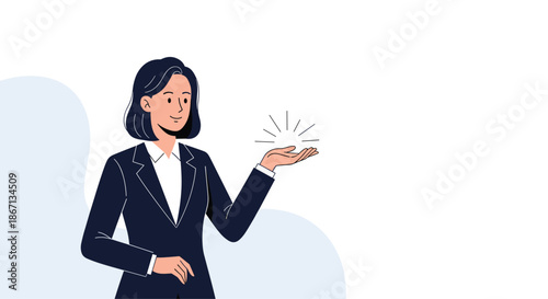 Professional businesswoman in a formal dark suit presenting an invisible object or concept with a glowing light over her open hand.
