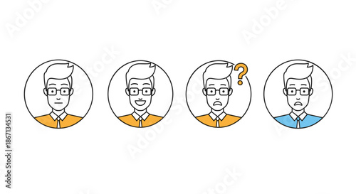 Set of four circular icons showing a man with glasses expressing different emotions through various facial expressions and gestures.