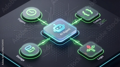 Wallpaper Mural Futuristic AI Agent Orchestration: Digital Workflow Connecting Triggers, Coding, Logic, and Storage Components in a High-Tech Automation System. Torontodigital.ca