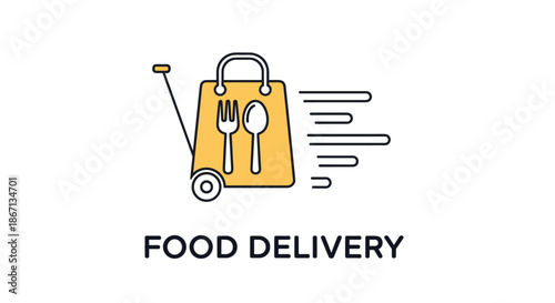 Yellow food delivery icon featuring a shopping bag with a fork and spoon symbol moving quickly on small wheels.