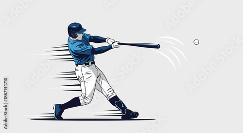 Dynamic illustration of a baseball player wearing a blue and white uniform swinging a bat to hit a fast moving ball.