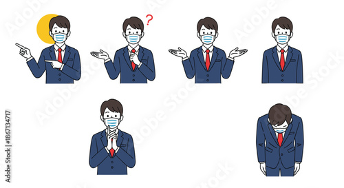 Set of six character icons of a businessman wearing a blue suit and a medical face mask in various poses and gestures.