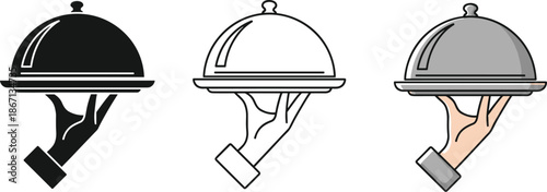 Waiter hand holding serving tray cloche icon set, restaurant hospitality food service logo illustration vector design minimal flat editable isolated