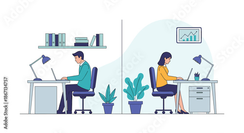 Two professionals a man and a woman working on their laptops in separate office cubicles divided by a thin partition wall.