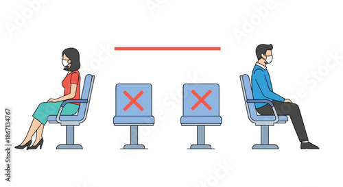 Social distancing concept showing a man and a woman sitting on public transport seats with empty chairs marked with red X signs.