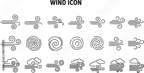 Wind icon set, breeze symbols, gust illustrations, weather graphics, swirling air, cloud wind, meteorology signs, UI elements, vector style, forecast design