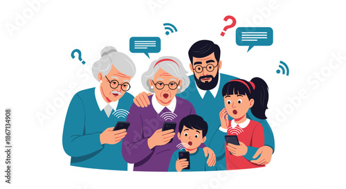 Multigenerational family members looking at their smartphones with confused and surprised expressions against a white background.