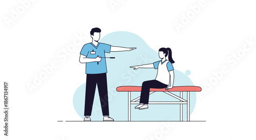 Physical therapist in medical uniform conducting an arm mobility test on a young girl sitting on an examination table in a clinic.
