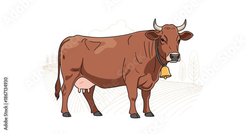 Brown dairy cow with a traditional golden bell around its neck standing in a rural meadow with a simple sketched background.