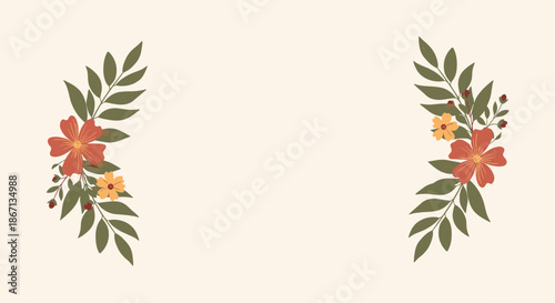 Elegant horizontal frame template featuring symmetrical floral arrangements with red and yellow flowers on both sides of the page.