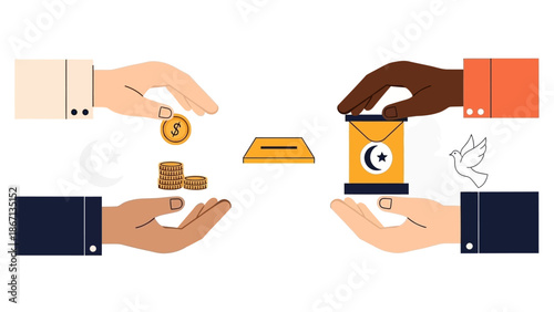 Illustration of diverse hands exchanging money and gifts for charity during Ramadhan and Eid Mubarok, symbolizing Zakat and generosity.