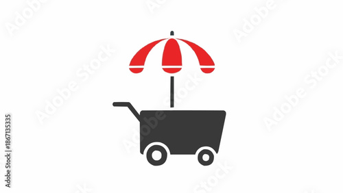 Black cart with red umbrella.