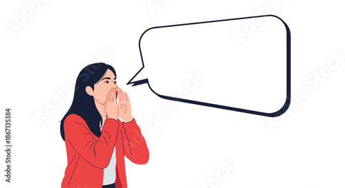 Illustration of a young woman in a red jacket shouting loudly with her hands around her mouth and a large empty speech bubble for text.