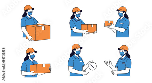 Female delivery staff member wearing a blue shirt and orange cap with a protective face mask handling various sizes of shipping boxes.