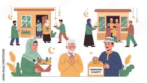Illustration of people celebrating Ramadhan with Zakat and charity gifts in a vibrant Eid Mubarok scene with a mix of traditional and modern elements.