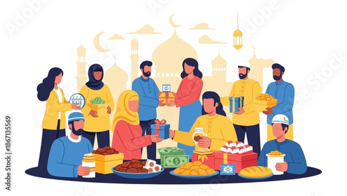 Vector illustration of a diverse group of people gathered around a table with food, celebrating Eid Mubarok or Ramadhan with a sense of charity and gift-giving, against a mosque background.