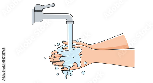 Close up illustration of hands being washed under a flowing tap with plenty of blue soap bubbles to ensure good hygiene.