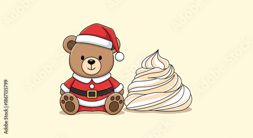 Adorable brown teddy bear dressed in a red Santa Claus costume sitting next to a large swirl of white and tan meringue.