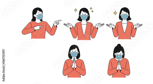 Collection of character poses showing a young woman in a mask using various hand signals and polite gestures.