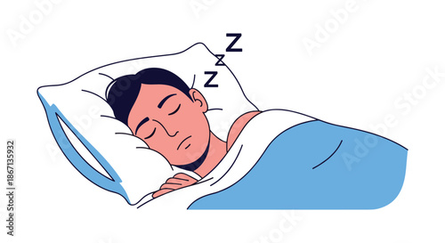 Peaceful man sleeping soundly in a comfortable bed with a blue blanket and a soft pillow while dreaming well.