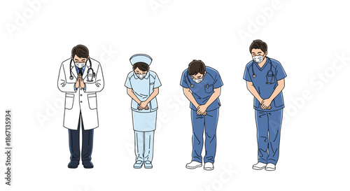 Dedicated medical team of doctors and nurses bowing down in a respectful gesture of gratitude and appreciation.