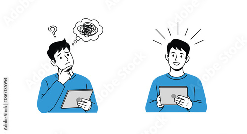Helpful illustration showing a man using a digital tablet and transitioning from confusion to a bright solution.
