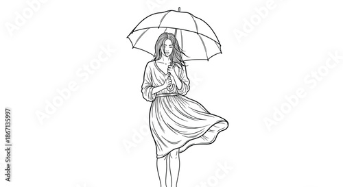 Beautiful artistic sketch of a young woman holding an umbrella while her dress and hair flow in a strong wind.