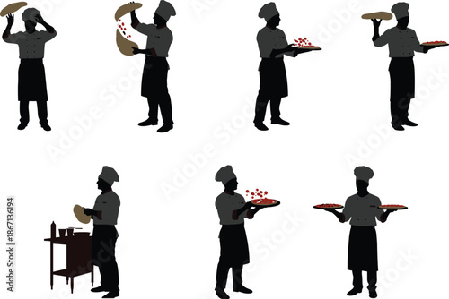 Chef cooking pizza silhouettes, tossing dough, adding toppings, presenting dishes, kitchen preparation scenes, culinary art, restaurant food service, gourmet cuisine, flat vector illustration