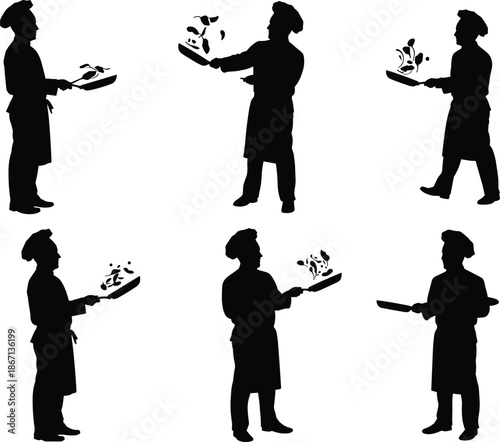Chef silhouettes, cooking action, frying pan, culinary art, professional kitchen, food preparation, dynamic poses, restaurant staff, gastronomy, cooking motion, cuisine