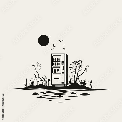 Nature-Inspired Vending Machine Surrounded by Lush Plants