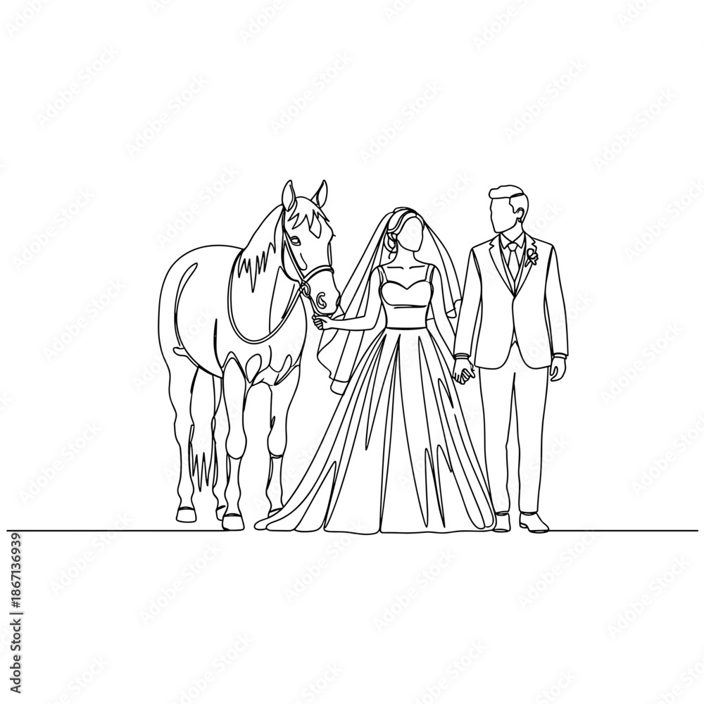 Fototapeta premium Bride and groom pose with elegant horse, her gown and veil flowing gracefully beside stallion. The loving couple shares joyful moment with horse, evoking romance, tradition, rustic charm