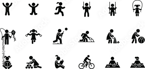 Children activity icons playing sports, reading, cycling, swinging, jumping rope, building toys, outdoor and indoor kids activity silhouette set