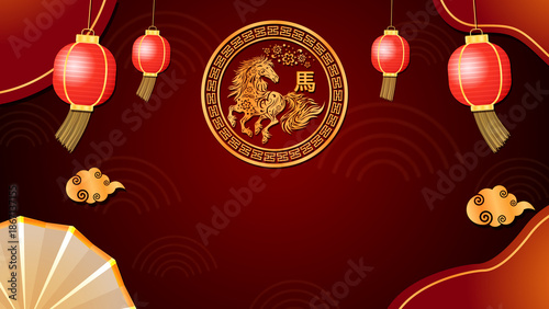 Golden horse with red background, Happy Chinese New Year background.