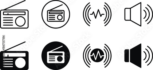 radio, sound wave, audio broadcasting, media entertainment, music, news, podcast, loudspeaker, speaker, volume, frequency, fm radio, am radio, vintage radio, retro radio, wave icon, acoustic, sound en