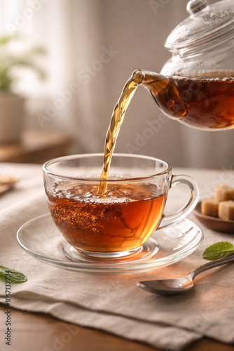 Slika na platnu Hot black tea being poured from a glass teapot into a clear teacup on a linen placemat with sugar cubes and mint