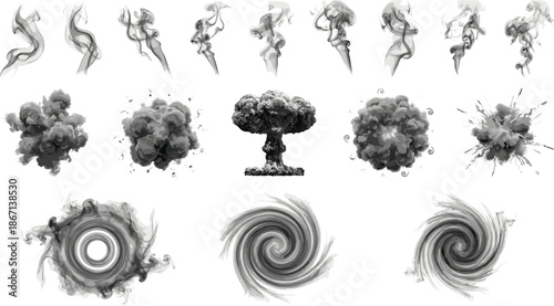 Collection of grey smoke trails, explosion clouds, mushroom cloud, and swirling vortex effects, isolated vector illustration set, cad drawing flat vector illustration