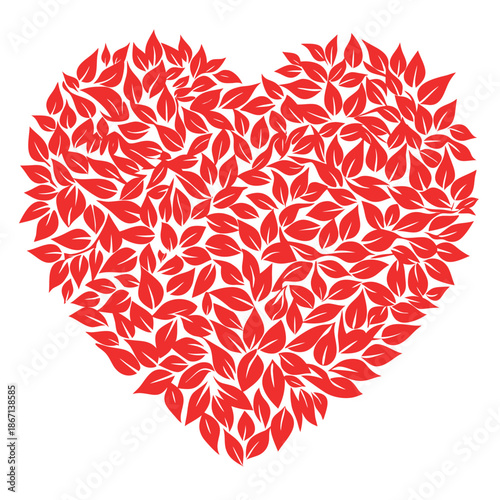 Heart of Leaves: A vibrant red heart formed from a multitude of stylized leaves, symbolizing nature's embrace of love and connection. 