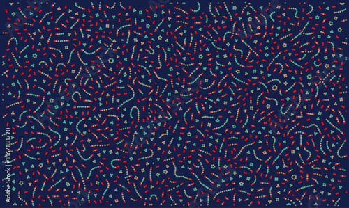 Abstract biological vector pattern featuring chaotic dots and molecules. Scientific microbiology background with DNA strands and bacteria for medical biotechnology or nano research concepts.