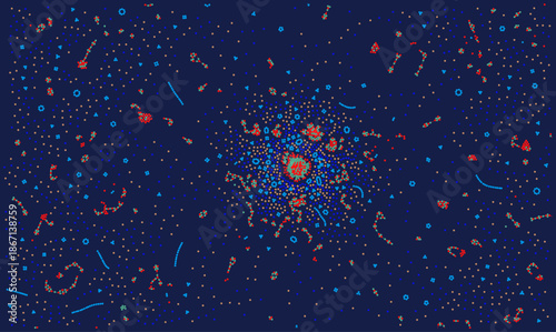 Abstract big data visualization with complex network clusters on dark blue vector background. Scientific particle system representing digital chaos, connectivity, and artificial intelligence